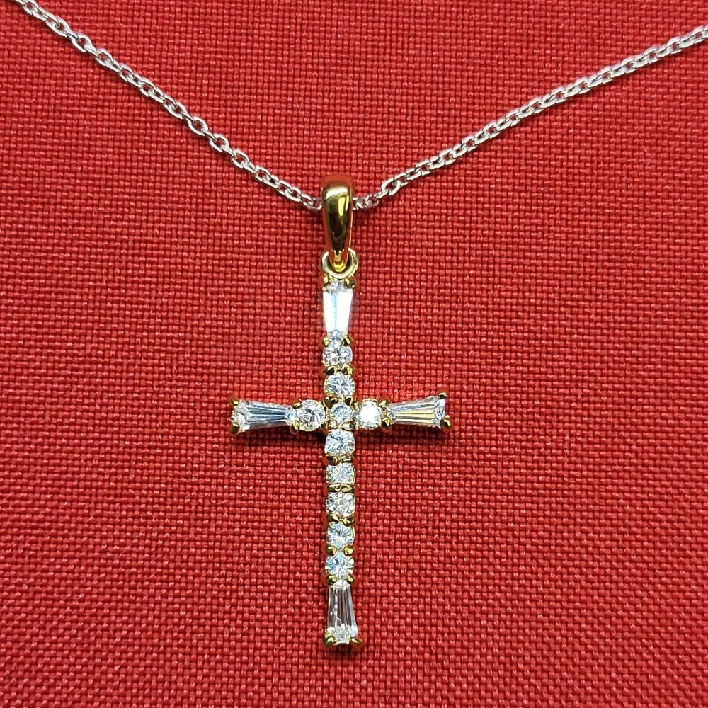 Cross Pendant Necklace White & Yellow Gold Tone Round and Baguette Cut Rhineston